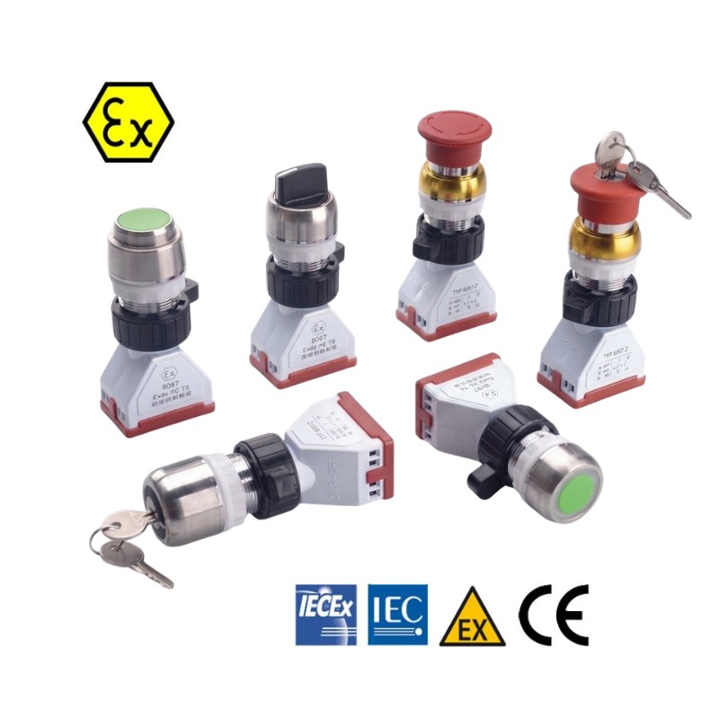 Boutons Antidéflagrants ATEX Industriels Boutons antidéflagrants ATEX avec boutons-poussoirs, voyants lumineux, arrêt d'urgence et interrupteurs pour zones explosives