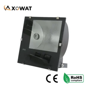 Projecteur HMI 1000W AXOWAT haute puissance avec lampe à halogénure métallique E40. Flux lumineux de 86 000 lm, protection IP65, idéal pour stades, ports, usines, ponts et grands espaces extérieurs.