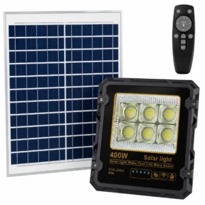 Projecteur Solaire AXOWAT ETD-JJZSIII-400W IP66 avec panneau solaire, batterie LiFePO4 et flux lumineux de 48 000 lumens.