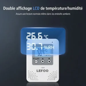 Capteur de température et d'humidité LFH21 LEFOO avec écran LCD, communication RS485 Modbus, sortie 0-10V et protection IP65.