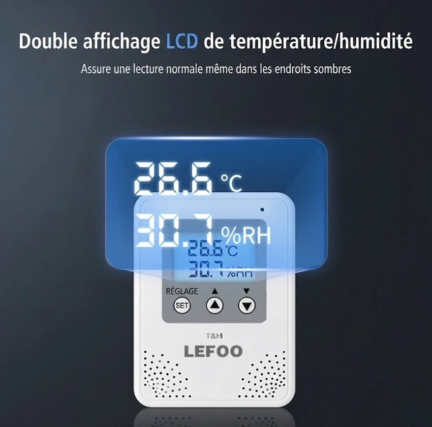 thermom-hygrom-double-affic-lcd Capteur de température et d'humidité LFH21 LEFOO avec écran LCD, communication RS485 Modbus, sortie 0-10V et protection IP65.