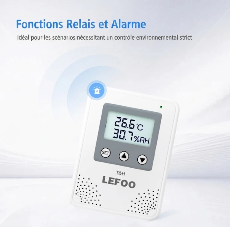 thermomètre-hygromètre-alarme-contrôle-environnemental Capteur de température et d'humidité LFH21 LEFOO avec écran LCD, communication RS485 Modbus, sortie 0-10V et protection IP65.